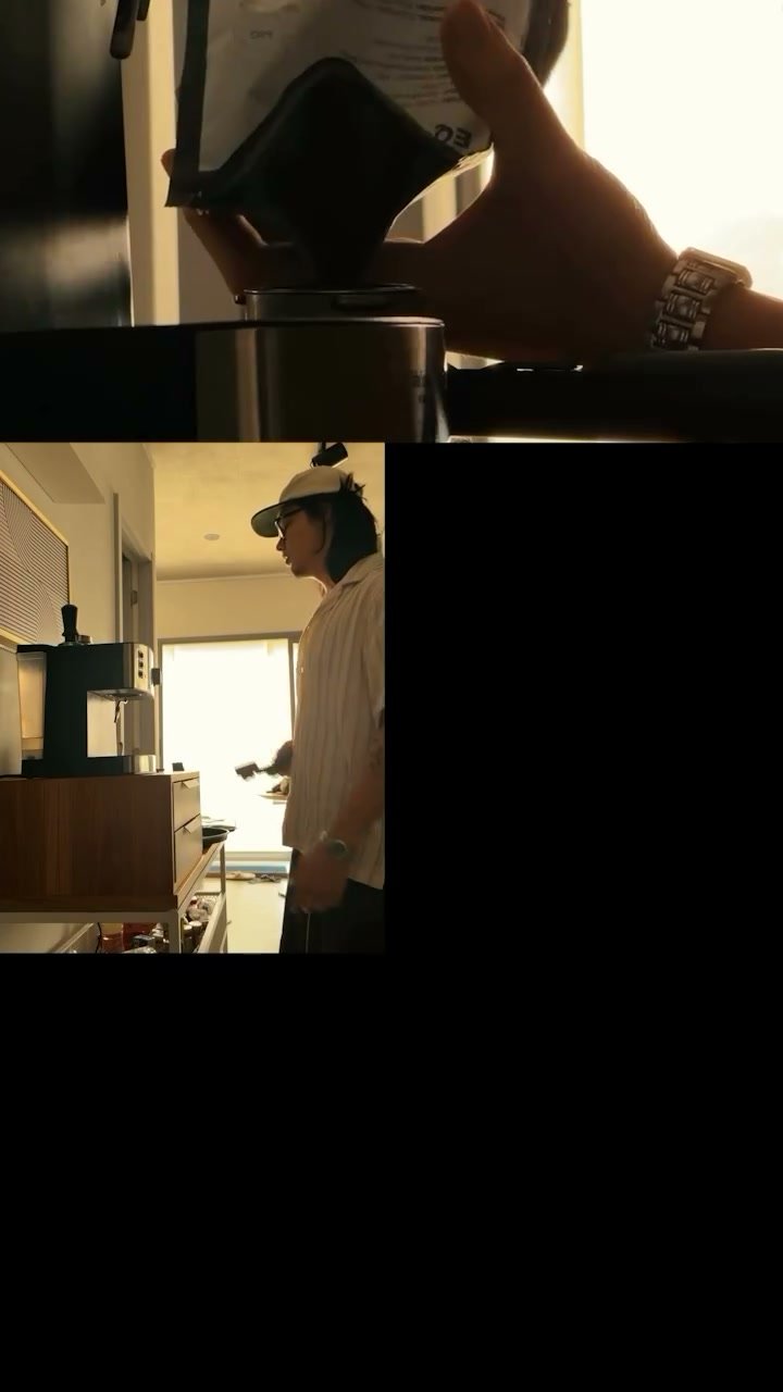 Rotina de preparo de café em composição dividida na tela.